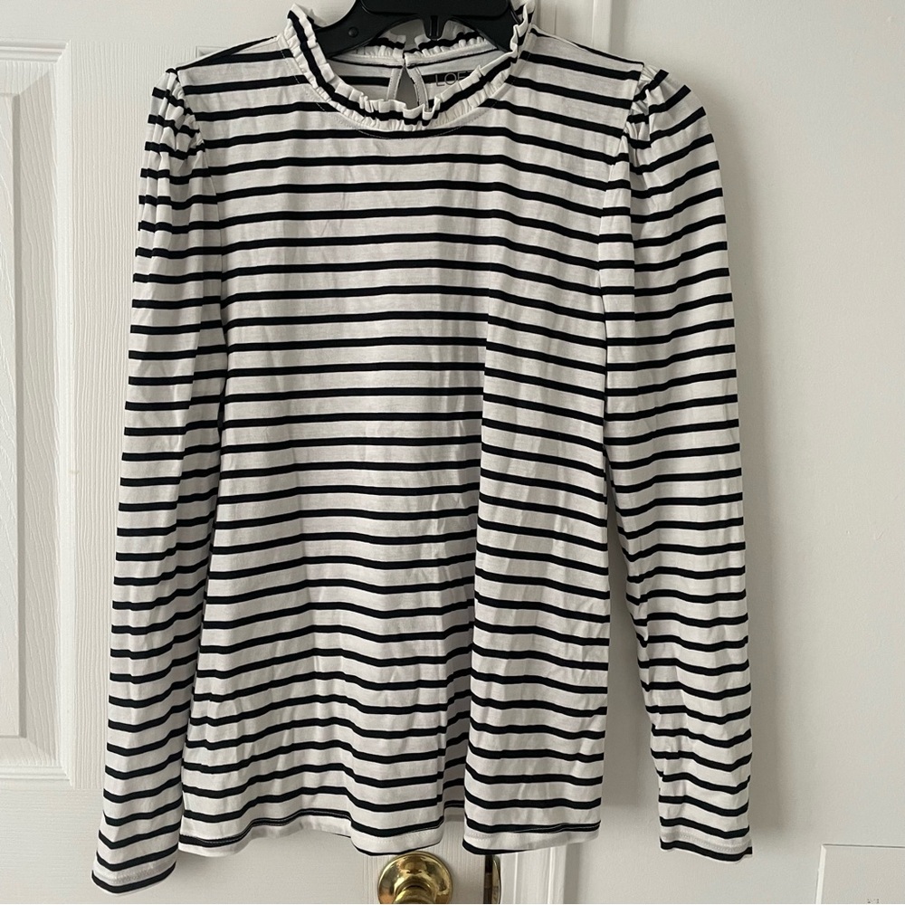 Loft puff-sleeve black and white striped top